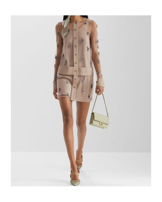 Fendi Natural Floral Embellished Sheer Sleeved Mini Dress
