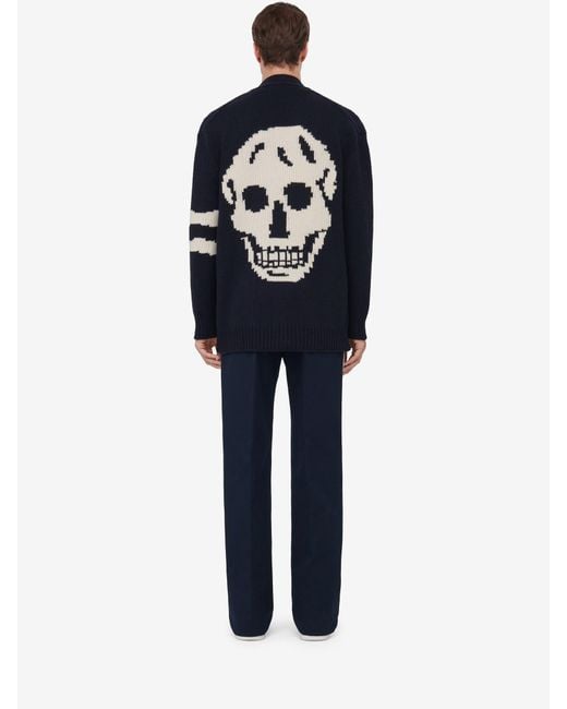 McQueen Blue Skull Intarsia-Knit V-Neck Cardigan for men
