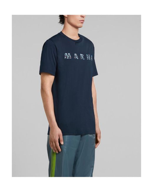 Marni Blue Logo Printed Crewneck T-Shirt for men