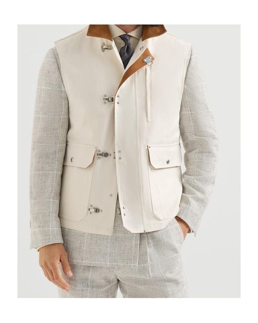Brunello Cucinelli White Cotton And Linen Canvas Vest With Suede Inserts And Hook Fastening for men