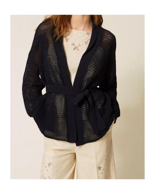 Twinset Blue Belted Open-Knit Cardigan