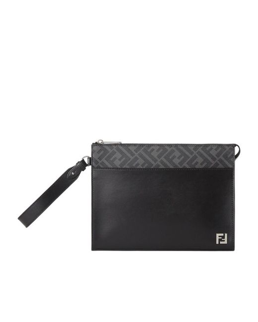 Fendi Black Logo Plaque Zipped Clutch Bag for men