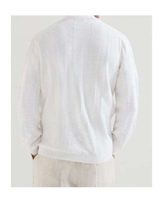Brunello Cucinelli White Linen And Cotton Textured Rib Cardigan for men