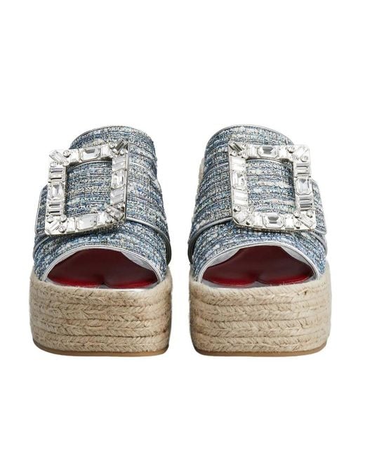 Roger Vivier Gray Strass Buckle Platform Espadrilles Mules