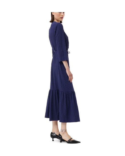 Ganni Blue Checkered Seersucker Gathered Midi Wrap Dress