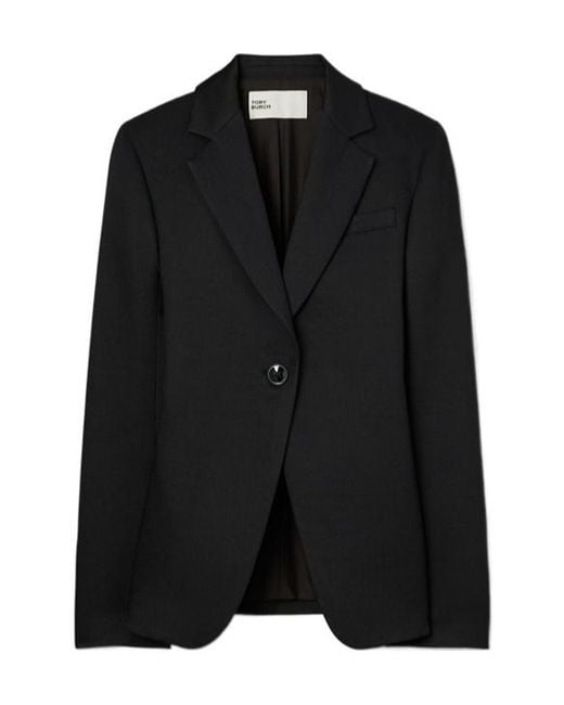 Tory Burch Black Single-Breasted Textured Crepe Blazer