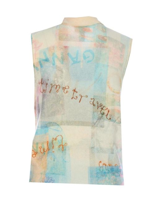 Ganni Blue Printed Cashmere Sleeveless Polo