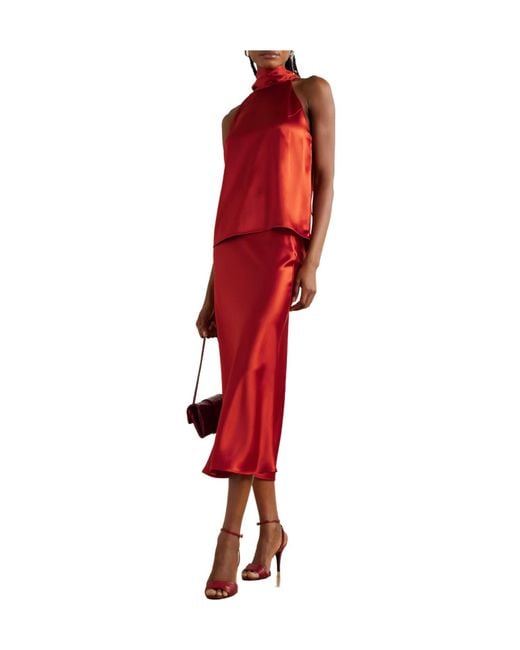 Galvan Red Valletta Draped Satin Midi Skirt