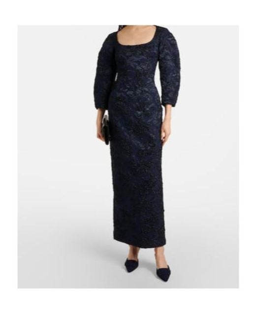 Oscar de la Renta Blue Floral Metallic-Effect Jacquard Gown