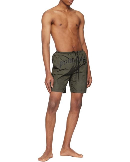 Palm Angels Green Curved Logo Elastic Waist Swim Shorts for men