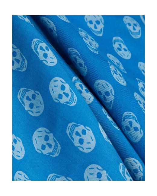 McQueen Blue Skull-Printed Fringed Scarf