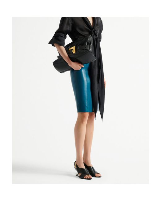 Balmain Blue Zipped Leather Skirt