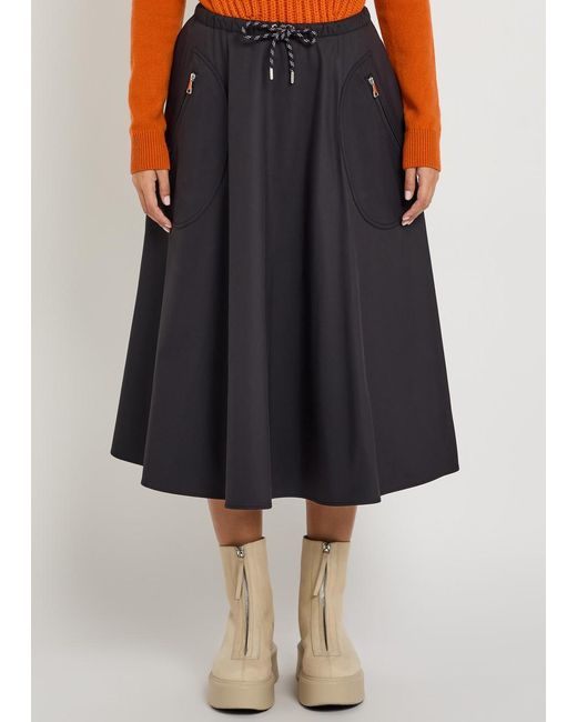 Moncler Black Drawstring Cotton-Blend Poplin Midi Skirt