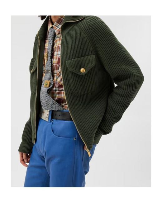 Versace Green Zip-Up Ribbed Cardigan for men
