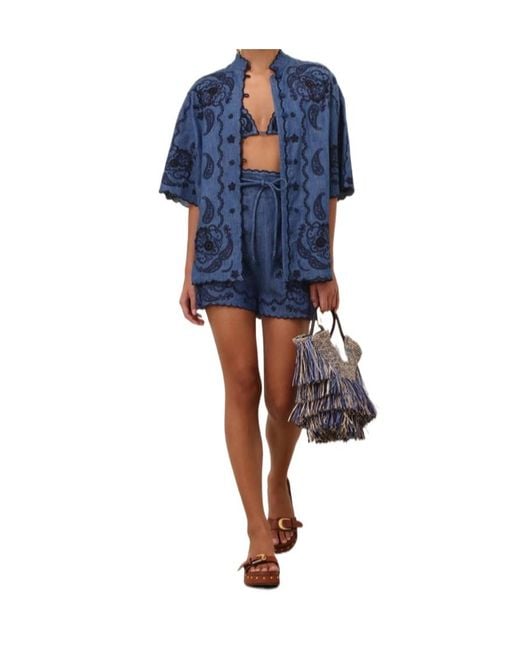 Zimmermann Blue Aster Embroidered Denim Shorts