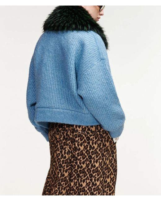 Essentiel Antwerp Blue Faux-Fur Collar Ribbed-Knit Jacket
