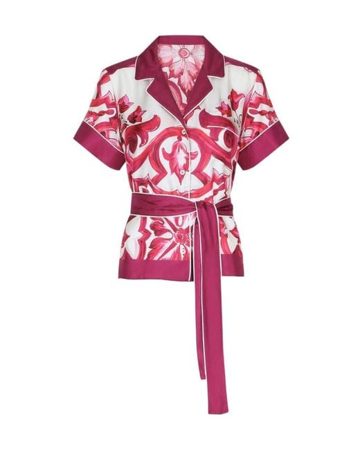 Dolce & Gabbana Pink Majolica-Printed Belted Twill Shirt