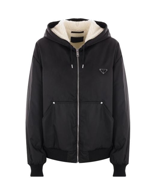 Prada Black Re-Nylon Triangle-Logo Zipped Hooded Jacket for men