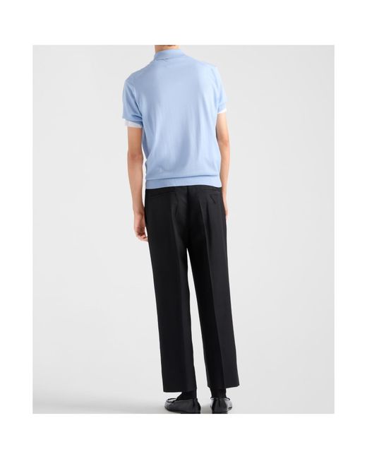 Prada Blue Logo Embroidered Short Sleeved Polo Shirt for men