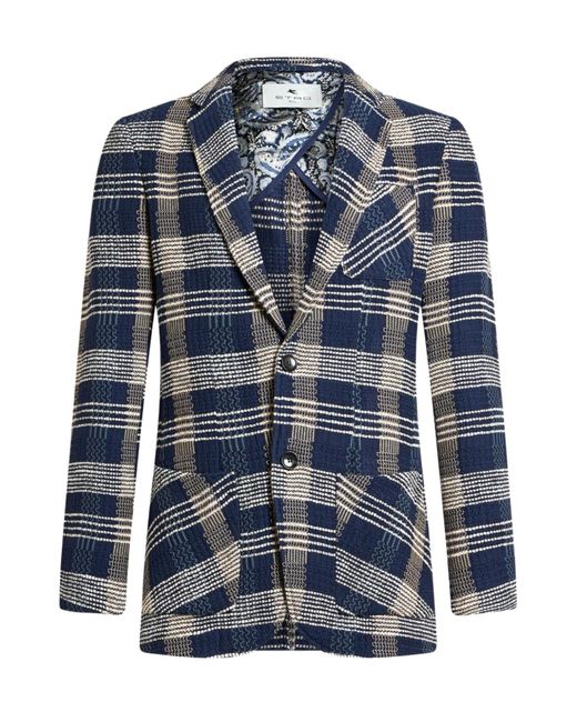 Etro Blue Check-Pattern Knit Blazer for men