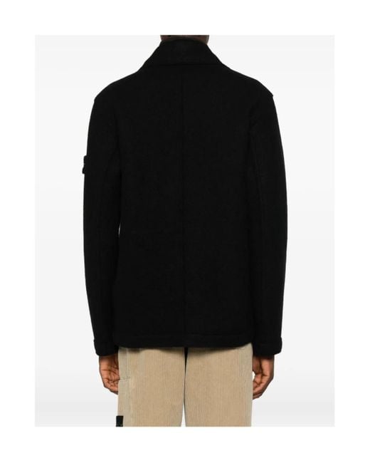 Stone Island Black Double-Breasted Wool Peacoat for men