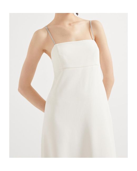 Brunello Cucinelli White Shiny Straps Crepe Square-Neck Dress