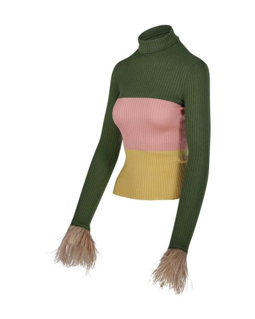LaDoubleJ Green La Doublej High Kick Feather-Cuff Knitted Top