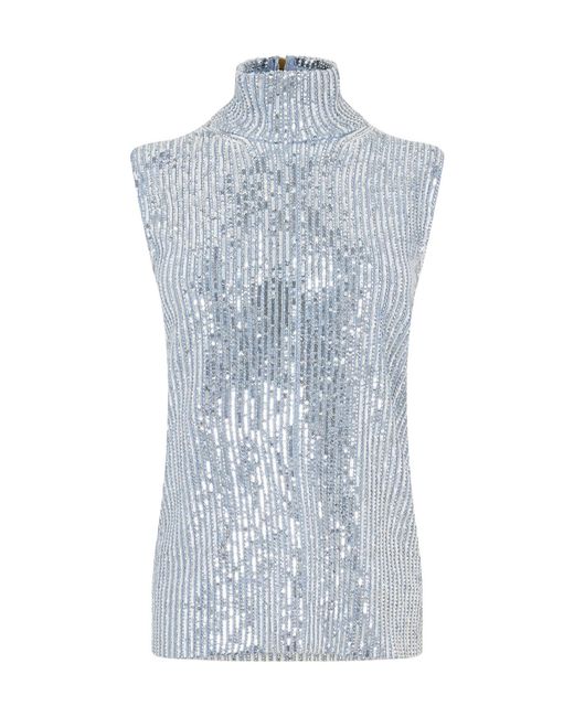 Gucci Blue Sequinstriped Turtleneck Sleeveless Top