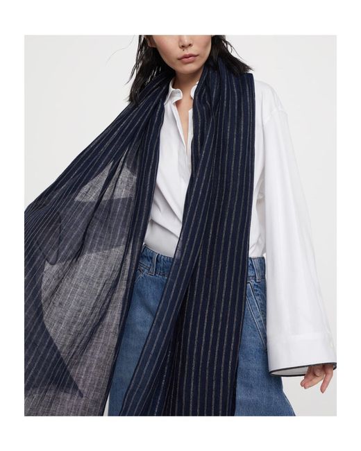Brunello Cucinelli Blue Striped Frayed Hem Scarf