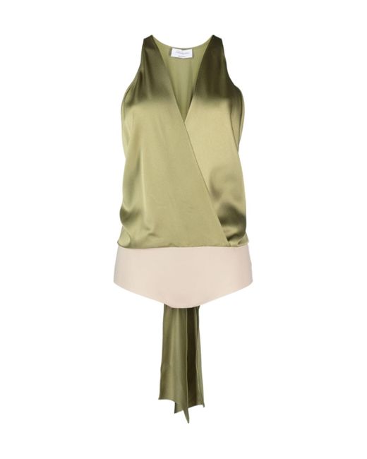 Blumarine Green Plunging V-Neck Open Back Satin Bodysuit