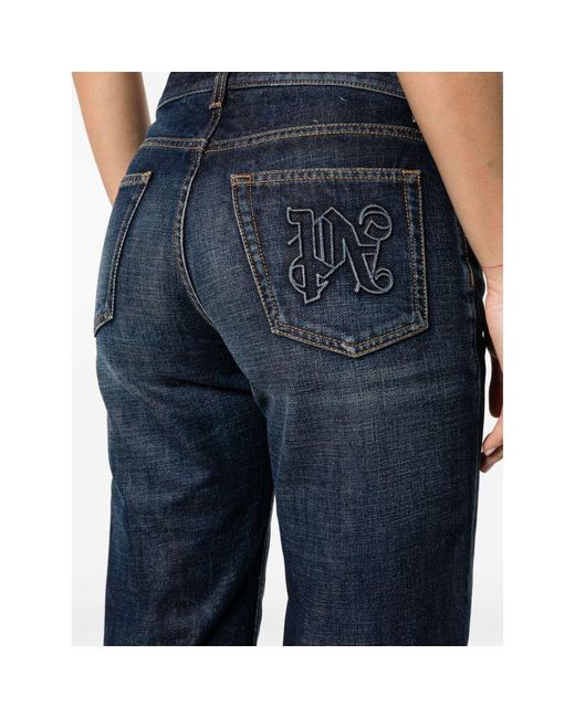 Palm Angels Blue Logo-Embroidered Whiskering Effect Jeans