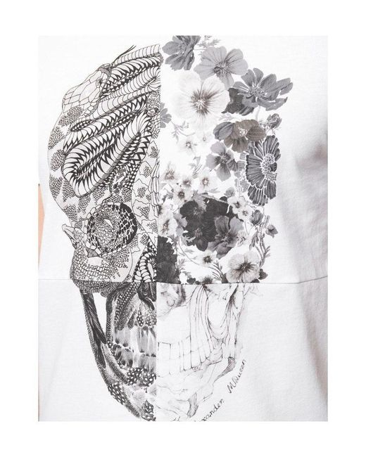 McQueen White Floral Skull Print T-Shirt for men