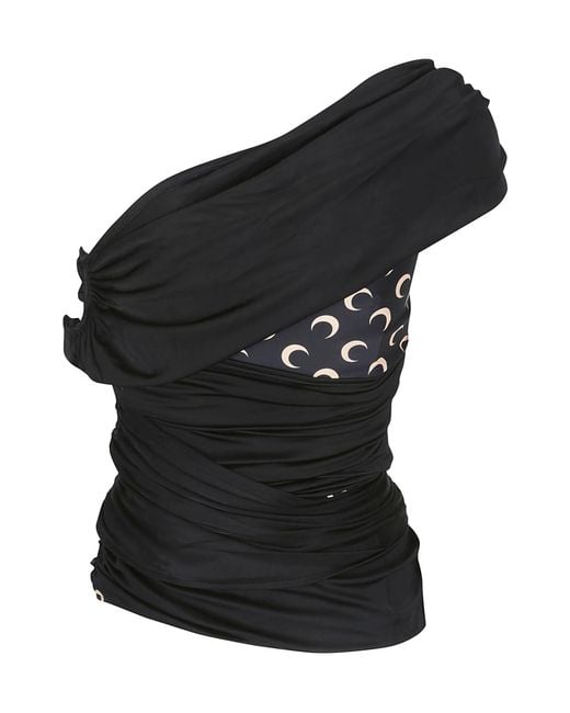 MARINE SERRE Black Single Shoulder Strap Draped Top
