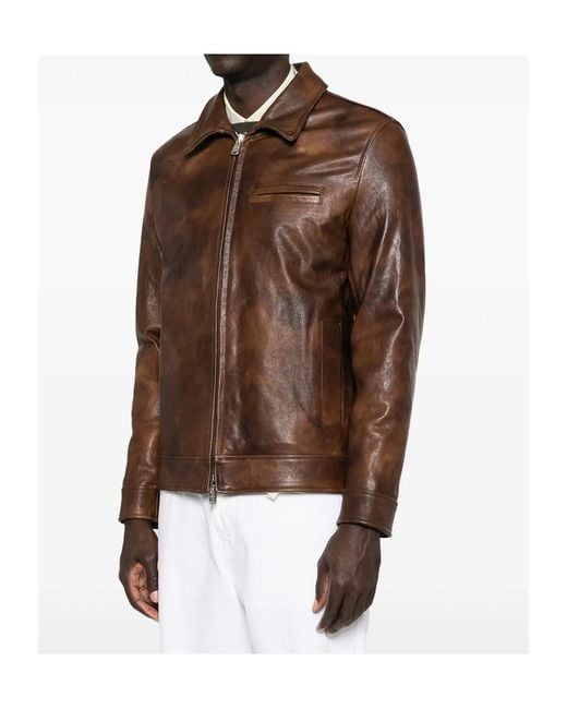 Dondup Brown Lapel-Collar Zip-Up Leather Jacket for men