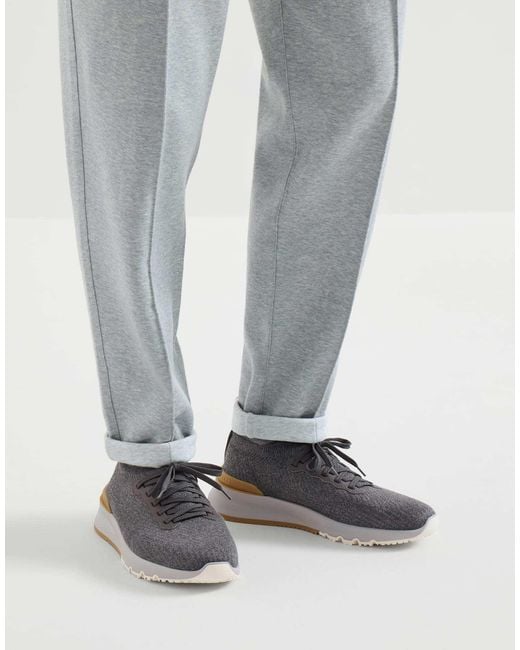 Brunello Cucinelli Blue Cotton Knit And Semi-Polished Calfskin Runners for men