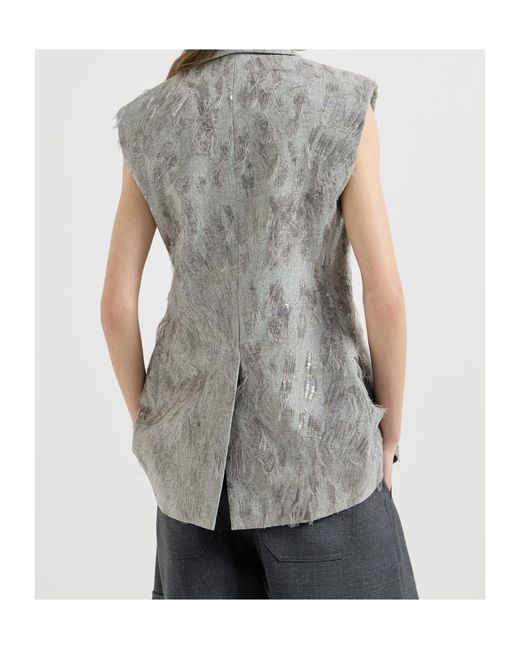 Brunello Cucinelli Gray Virgin Wool And Cashmere Twill Flannel Vest With Dazzling Lynx Embroidery