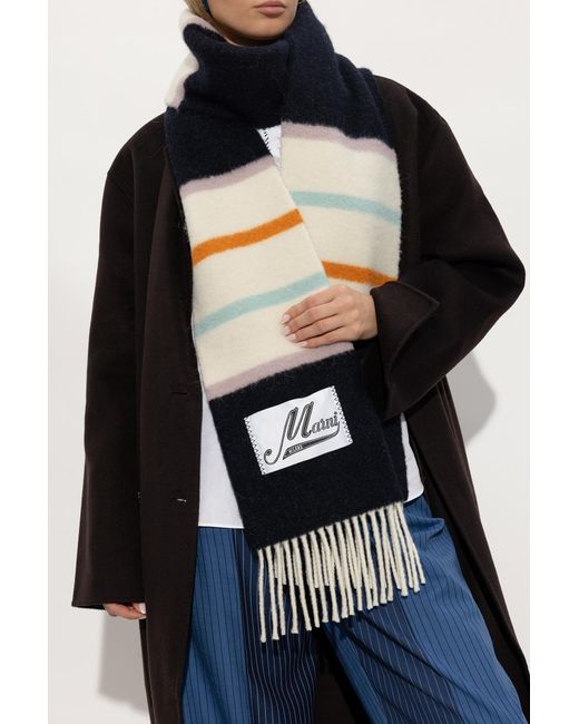Marni Black Logo Patch Striped Fringed Scarf