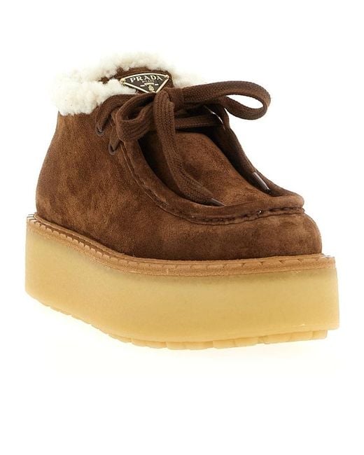 Prada Brown Laced Fluffy Low-Top Platform Boots