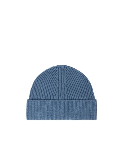 Stone Island Blue Logo-Patch Ribbed-Knit Beanie Hat