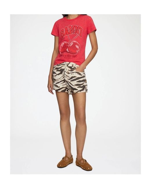 Ganni Natural Zebra Printed Denim Shorts