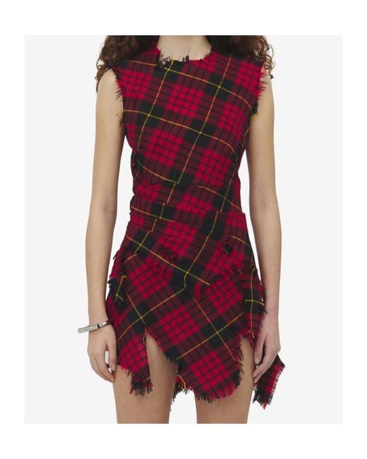 McQueen Red Fray-Detailed Sleeveless Mini Dress
