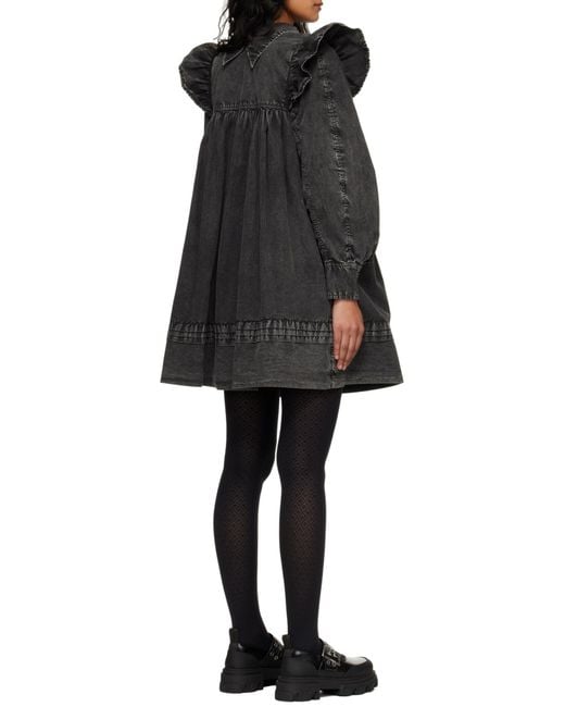 Ganni Black Ruffled Washed Mini Shirt Dress