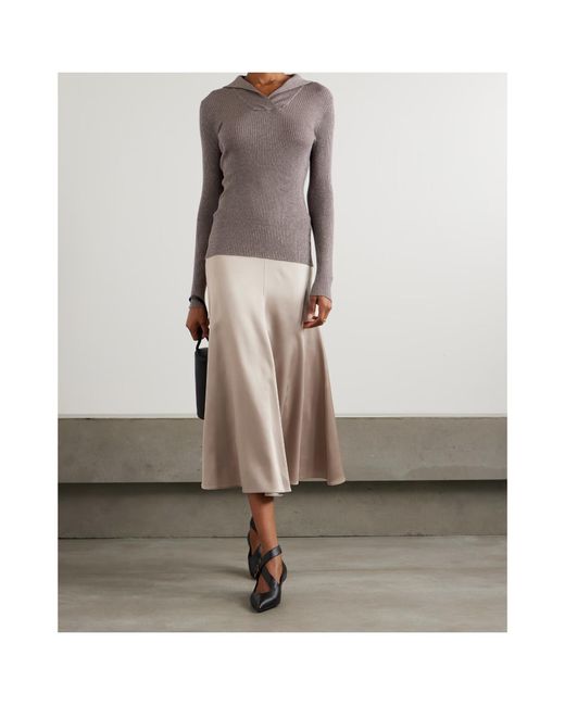 Brunello Cucinelli Brown Ribbed Metallic Cashmere And Silk-Blend Top