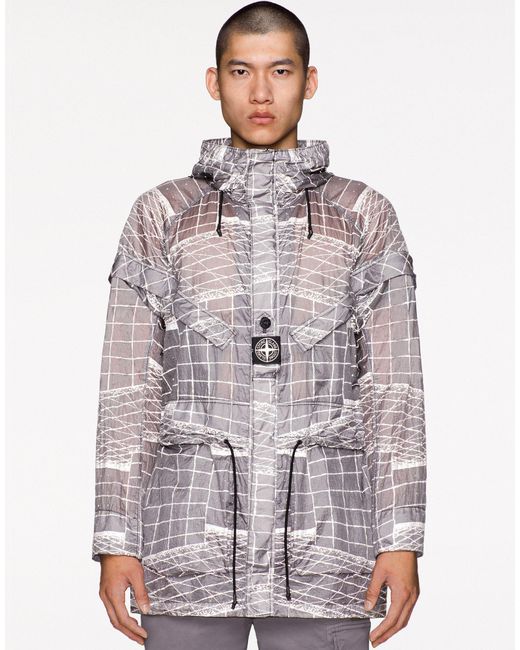 Stone Island Gray Reflective Grid Drawstring Jacket for men