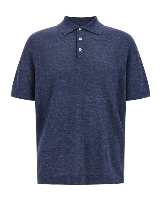 Brunello Cucinelli Blue Short Sleeved Knitted Polo Shirt for men