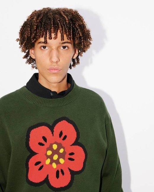 KENZO Green Boke Flower Logo Intarsia Crewneck Jumper for men