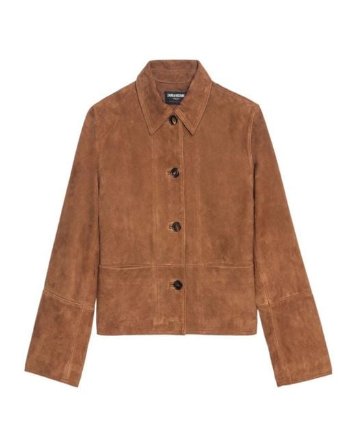 Zadig & Voltaire Brown Lapel Long Sleeve Leather Jacket