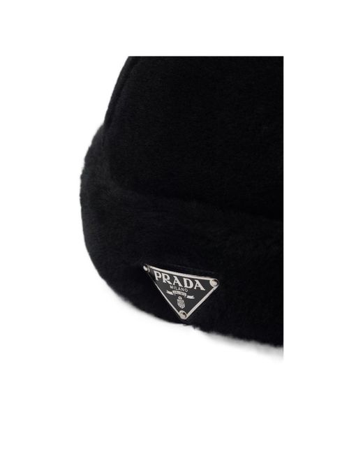 Prada Black Triangle Logo-Appliqué Turn-Up Brim Beanie for men