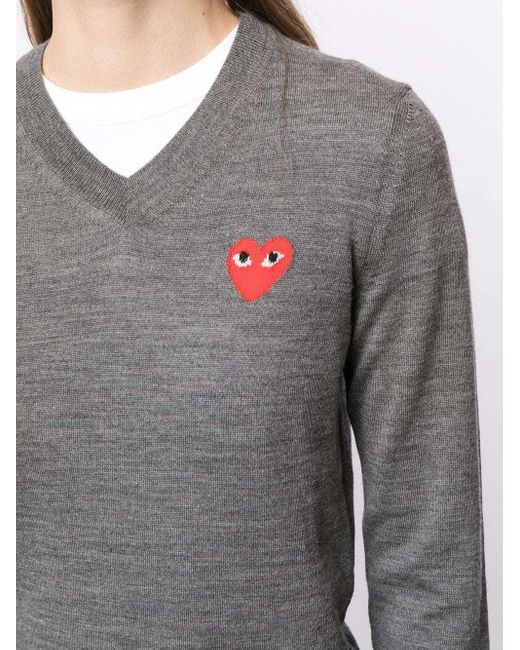 COMME DES GARÇONS PLAY Gray Intarsia Knit-Logo V-Neck Jumper