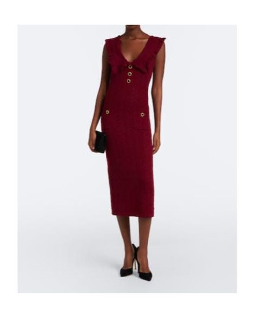 Alessandra Rich Red Ruffled Knitted Pointelle Midi Dress